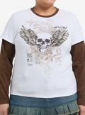 Winged Skull White & Brown Girls Twofer Long-Sleeve T-Shirt Plus Size