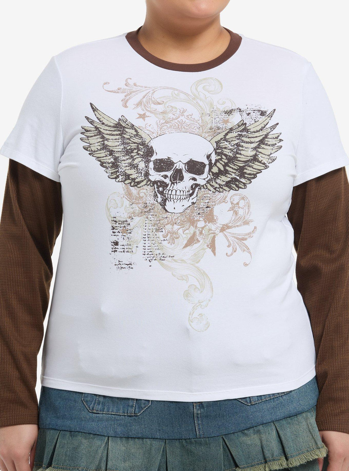 Winged Skull White & Brown Girls Twofer Long-Sleeve T-Shirt Plus Size