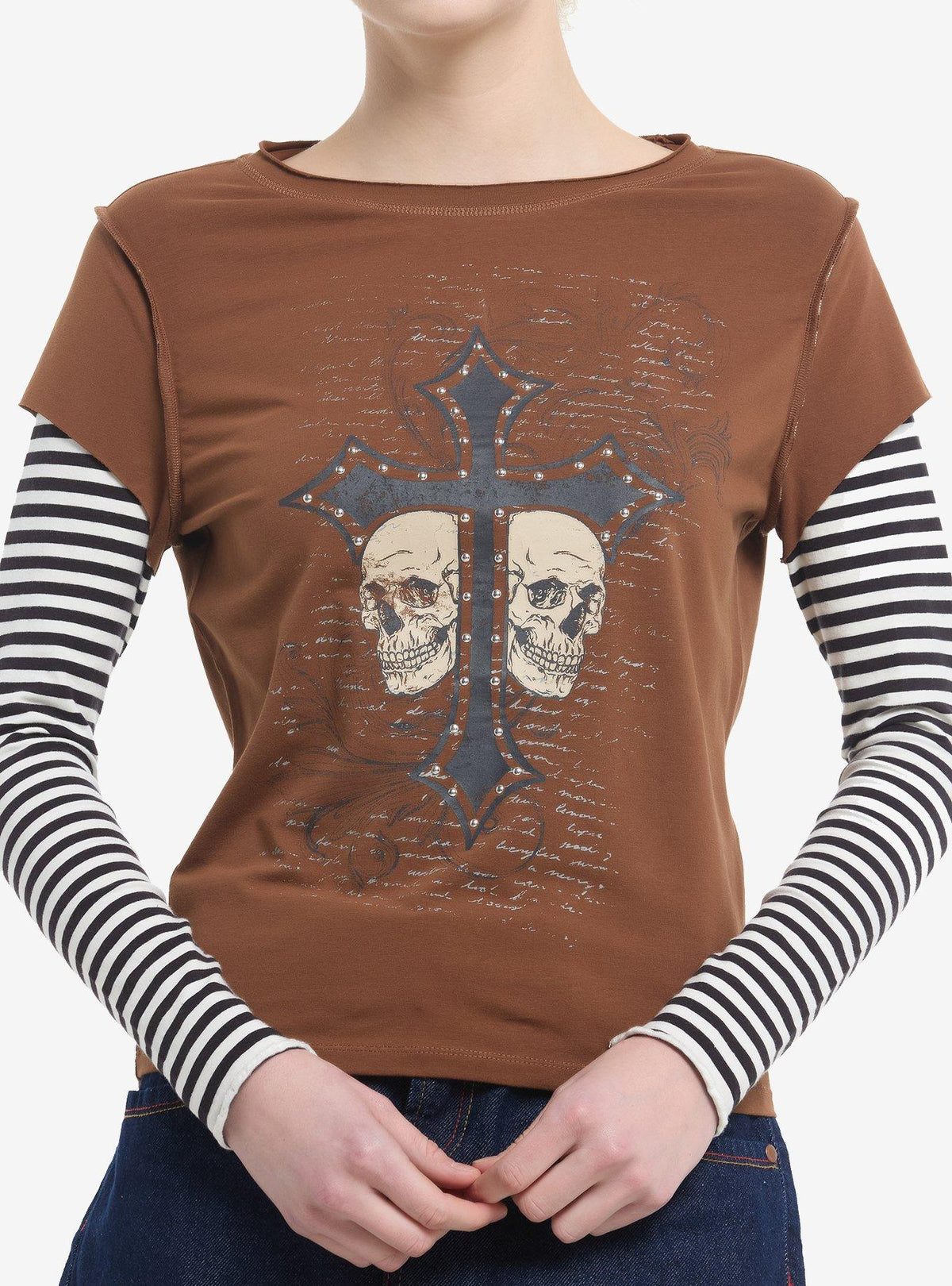 Skull Cross Rhinestones Striped Girls Twofer Long-Sleeve T-Shirt T-Shirt | Exclusive Edition | Trending Now