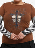 Skull Cross Rhinestones Striped Girls Twofer Long-Sleeve T-Shirt Plus Size