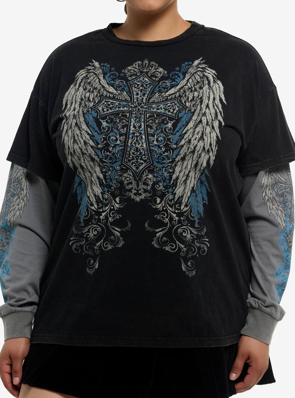 Winged Cross Rhinestone Girls Twofer Long-Sleeve T-Shirt Plus Size | Premium Unisex T-Shirt, Trending Graphic Tee