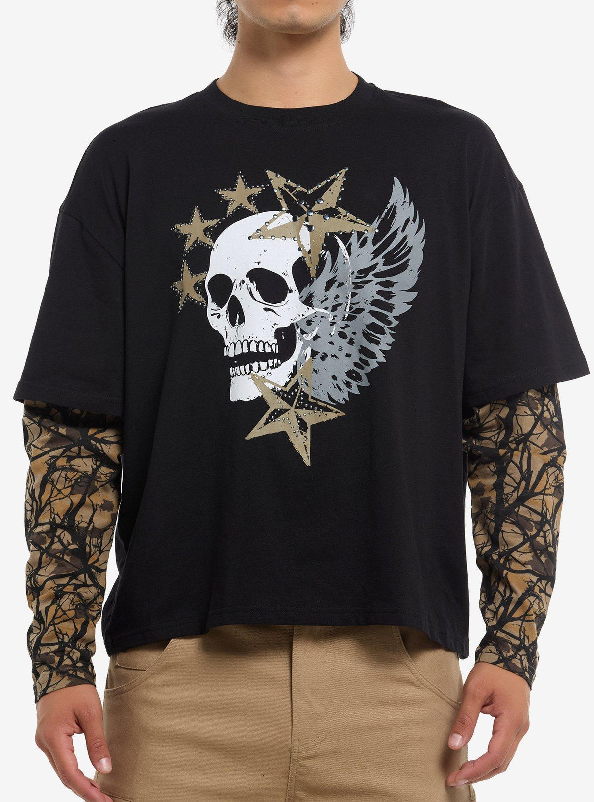 Skull & Star Stud Camouflage Twofer Long-Sleeve T-Shirt