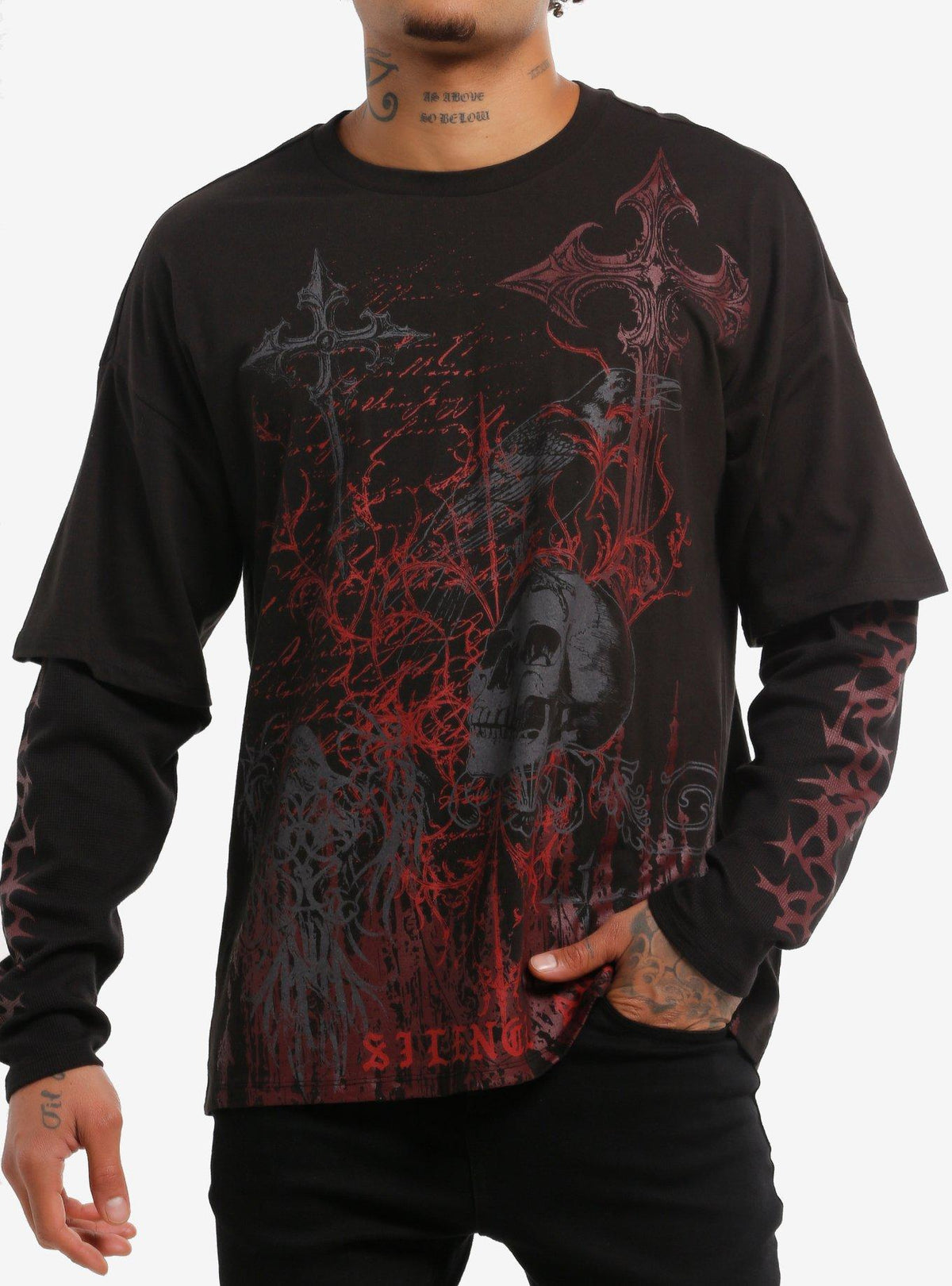 Black Skull Gothic Cross Twofer Long Sleeve T Shirt
