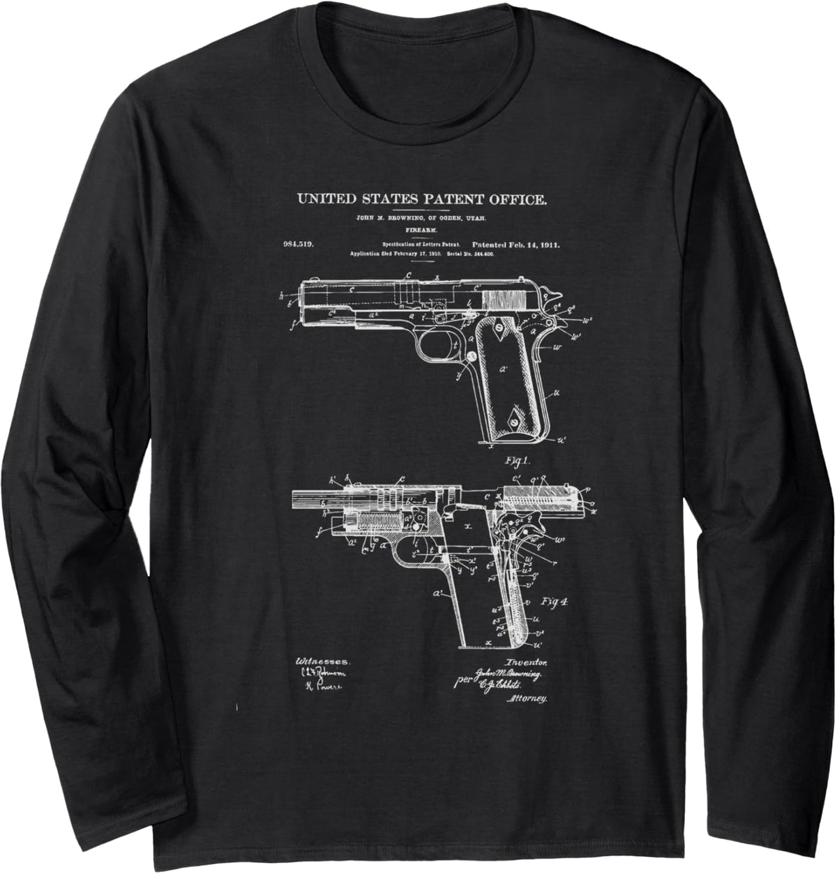 1911 Retro Vintage Handgun Diagram Blueprint Pistol 45Acp Long Sleeve