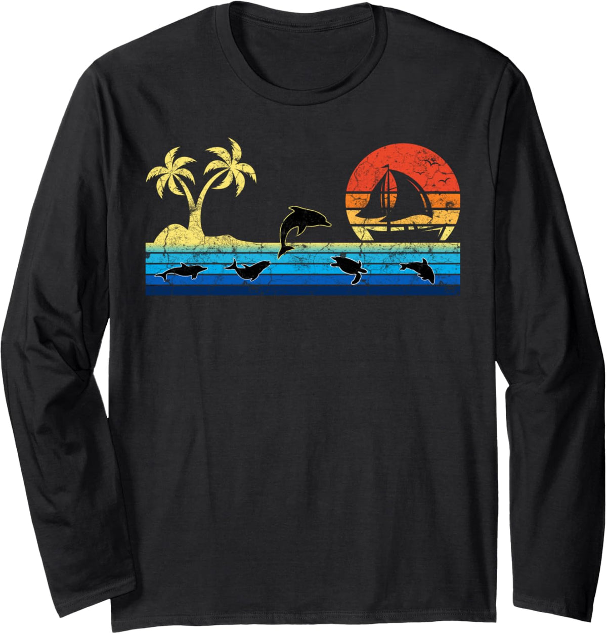 Palm Tree Sunset Sailing Vintage Sailboat Dolphin Long