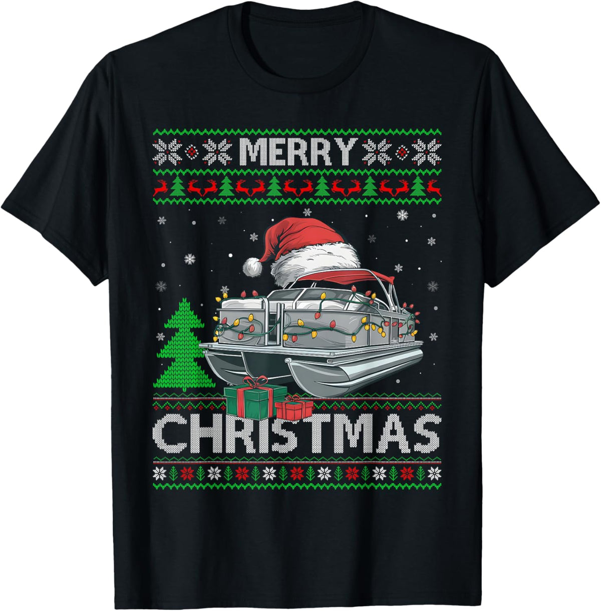 Ugly Xmas Sweater Style Lights Santa Pontoon Boat
