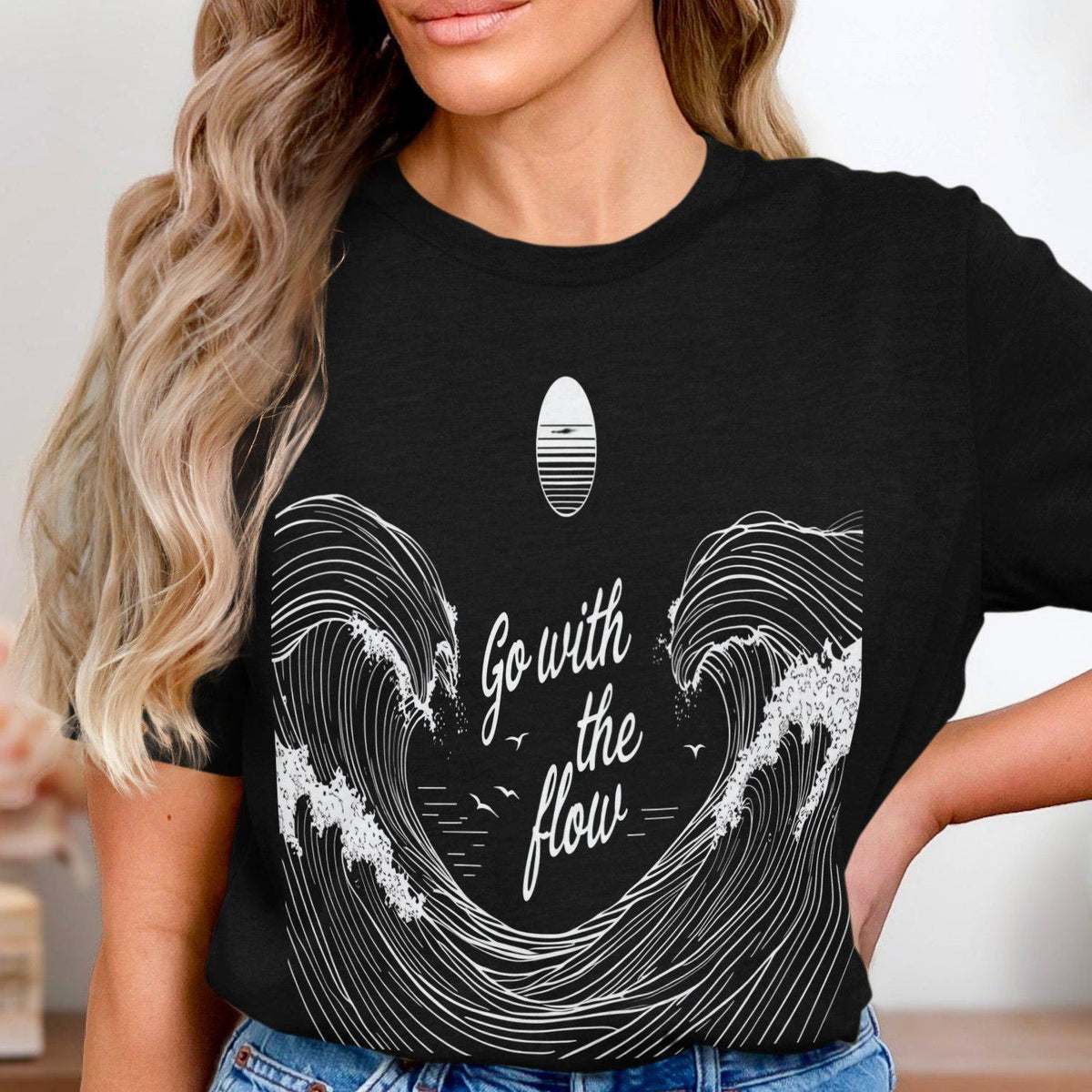 Go With The Flow Graphic Tee, Ocean Waves Shirt, Motivational Beach Lover Gift, Minimalist Design Unique Shirt Artwork