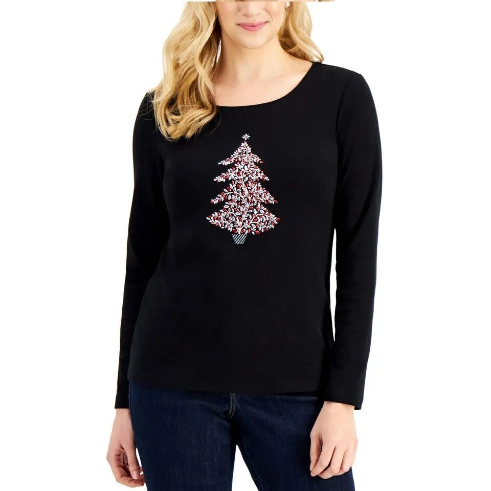 Karen Scott Womens M Deep Black Christmas Tree Sparkle Long Sleeve Top Nwt Ca54