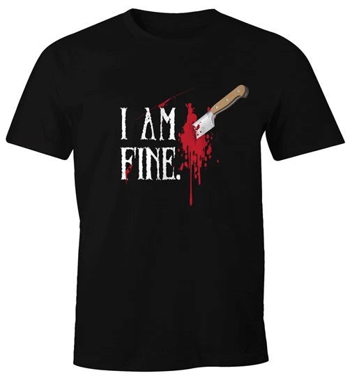 Herren T-shirt Halloween Wunde Messer I Am Fine Horror Fun-shirt Stichwunde