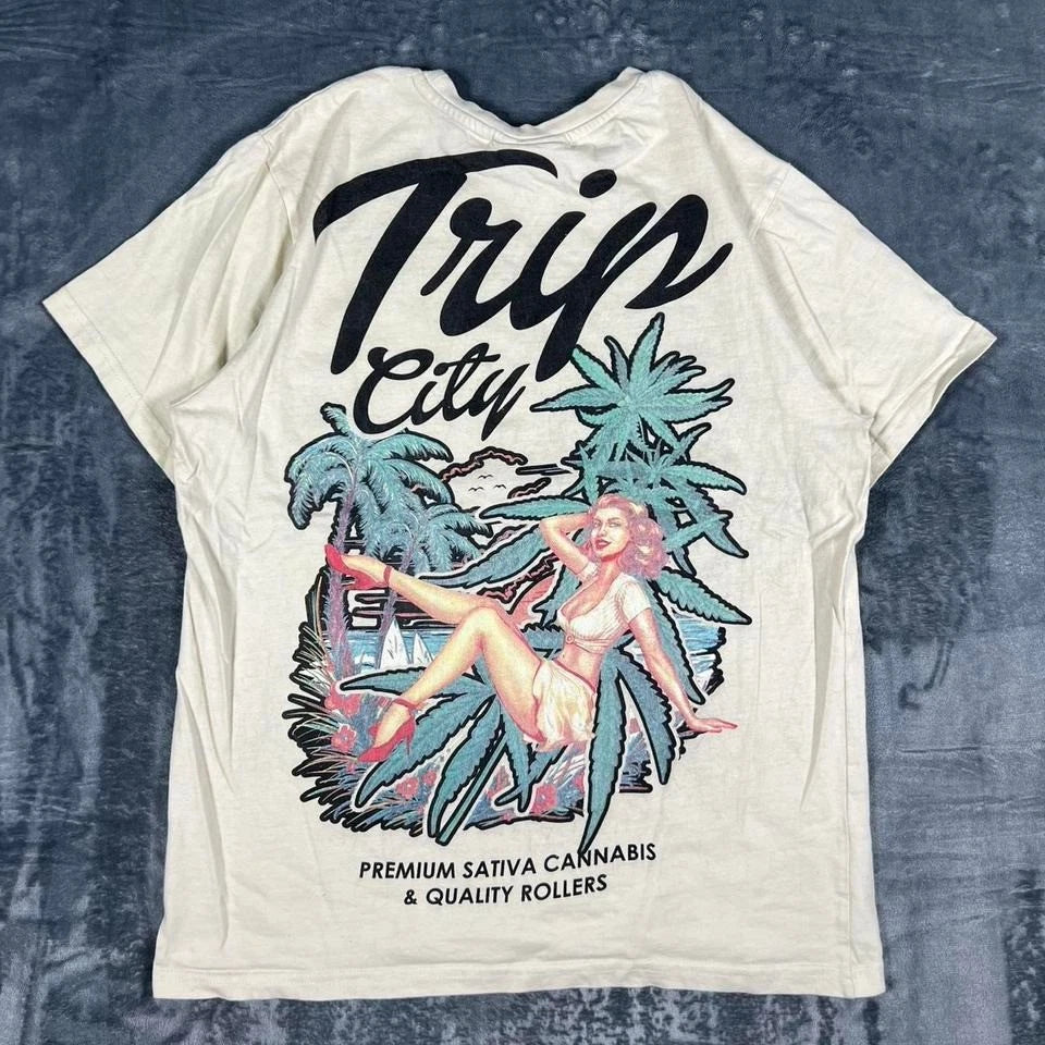 Y2K Trip City Cannabis Tan Graphic T-Shirt