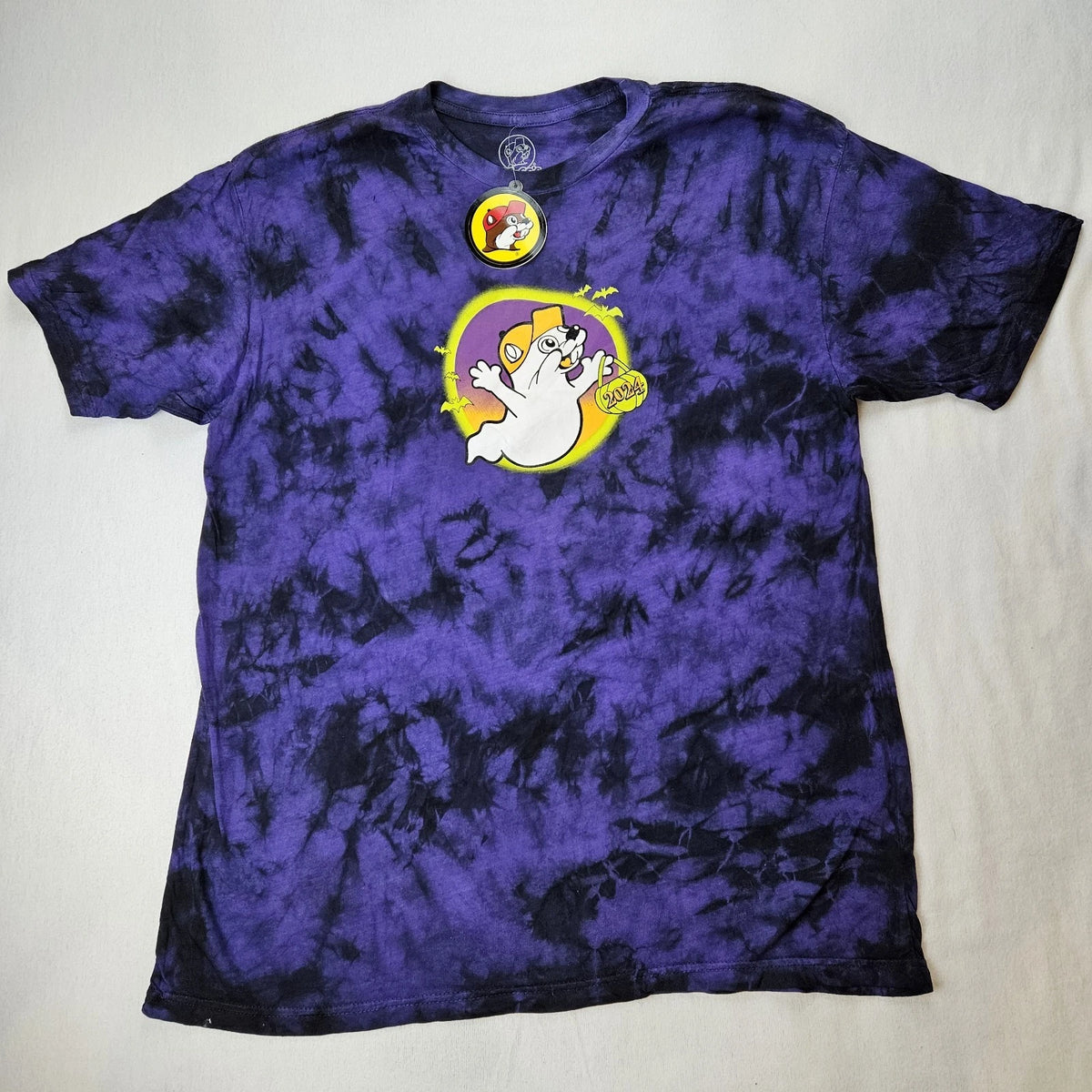 Nwt Buc-ees 2024 Halloween Lmtd Ed Glow In Dark Purple Tie-dye Shirt L "hey Boo"