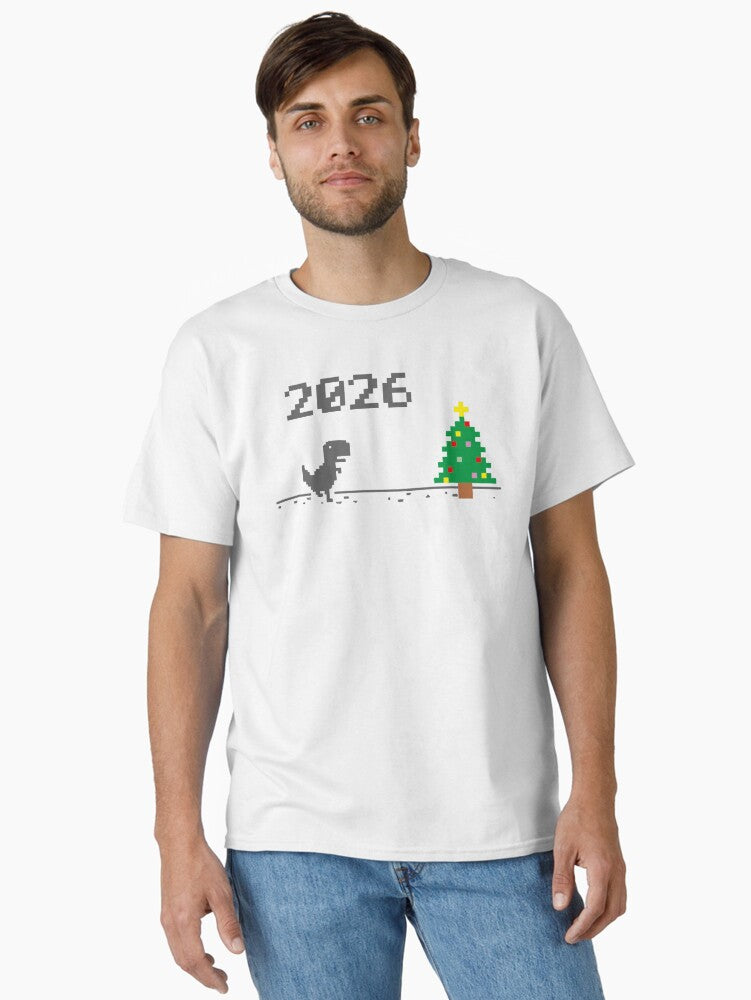 8-bit print celebrating the upcoming new year 2026 with a dinosaur Classic T-Shirt | Premium Unisex T-Shirt, Trending Graphic Tee