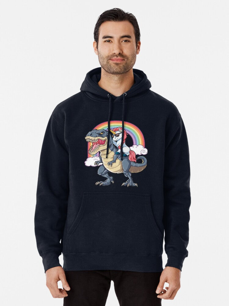 Unicorn Riding Dinosaur T Shirt T-Rex Funny Unicorns Party Rainbow Squad Gifts for Kids Boys Girls Pullover Hoodie