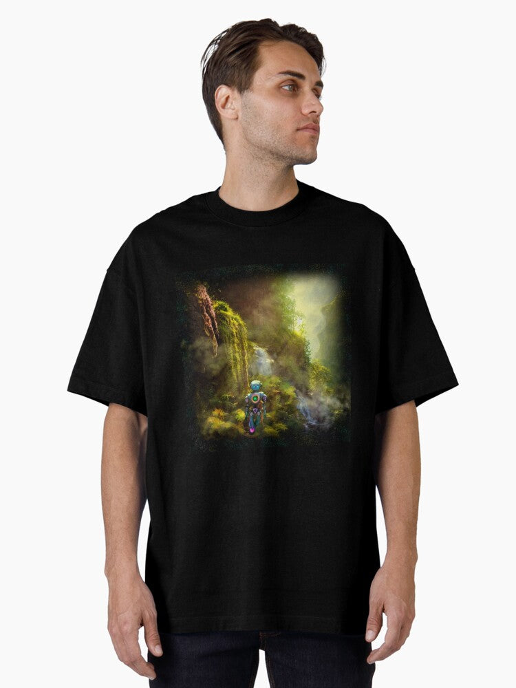Cute Robot walking at a Cliff with Waterfall Oversized T-Shirt | Graphic T-Shirt for Unisex