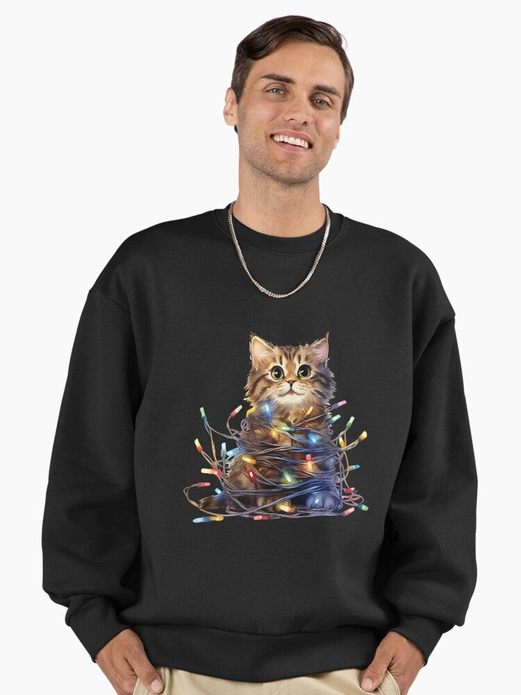 Funny Cat Wrapped in Christmas Lights Kitten Xmas Premium Oversized Sweatshirt